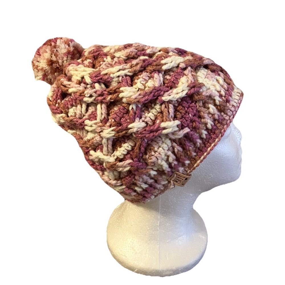 Hand knit Hat Beanie W Pom Mauve Pink White Cozy Warm‎ Stretch